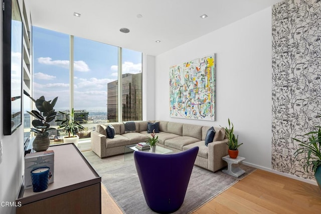 living room featuring light hardwood / wood-style floors and a wall of windows