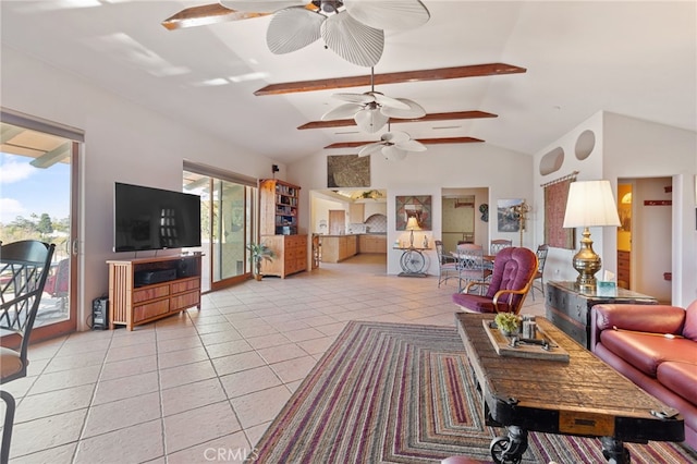 tiled living room with lofted ceiling