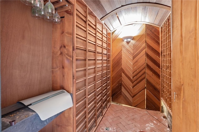 wine cellar featuring wooden walls