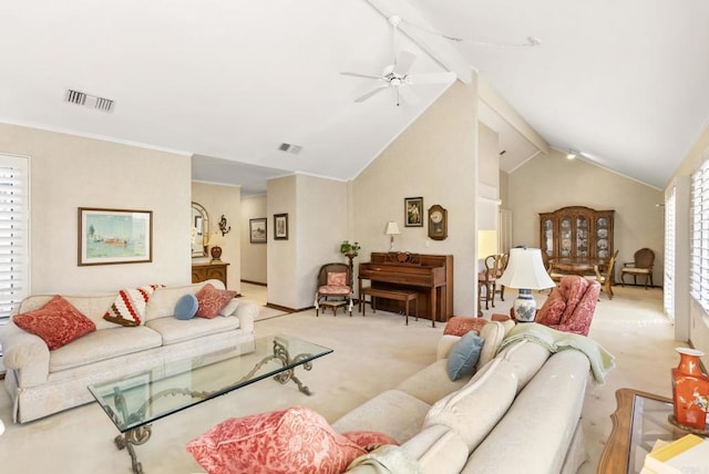 living room with ceiling fan, light colored carpet, and lofted ceiling