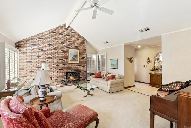 carpeted living room featuring ceiling fan, lofted ceiling with beams, and a fireplace