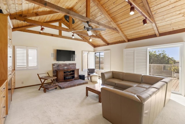 living room featuring wooden ceiling, a healthy amount of sunlight, beam ceiling, and light colored carpet