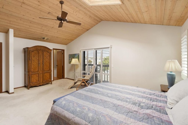 bedroom with ceiling fan, light colored carpet, lofted ceiling with skylight, and wood ceiling