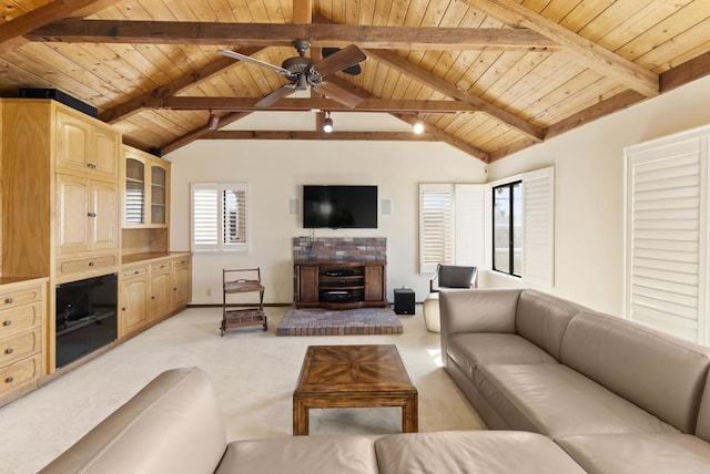 carpeted living room with ceiling fan, wood ceiling, beamed ceiling, and high vaulted ceiling