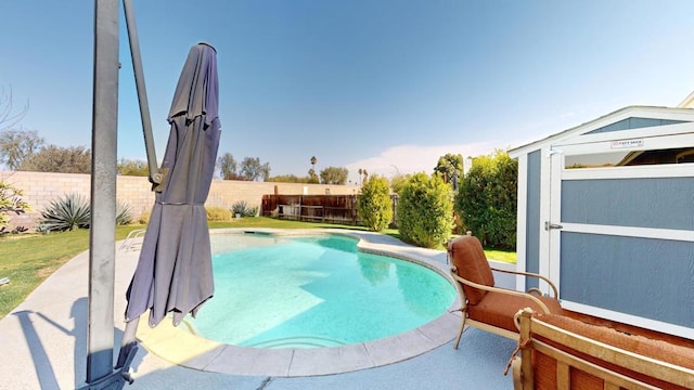 view of swimming pool featuring a shed