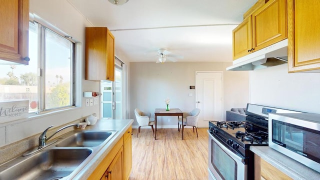 kitchen with ceiling fan, stainless steel appliances, light hardwood / wood-style floors, and sink