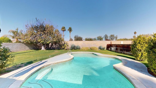 view of swimming pool with a lawn