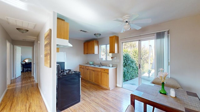 kitchen with sink, light wood-type flooring, black gas stove, white fridge, and ceiling fan