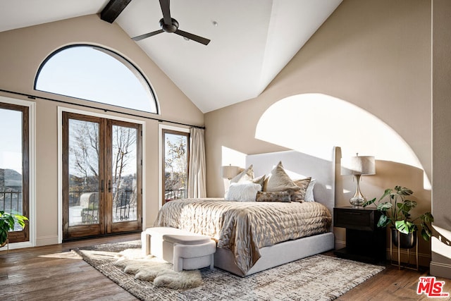 bedroom featuring french doors, access to exterior, dark hardwood / wood-style floors, high vaulted ceiling, and ceiling fan