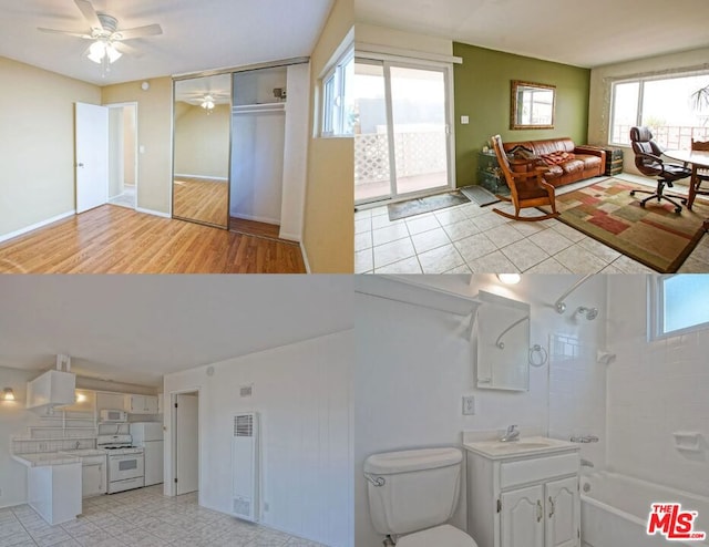 full bathroom with ceiling fan, tiled shower / bath, a healthy amount of sunlight, and toilet