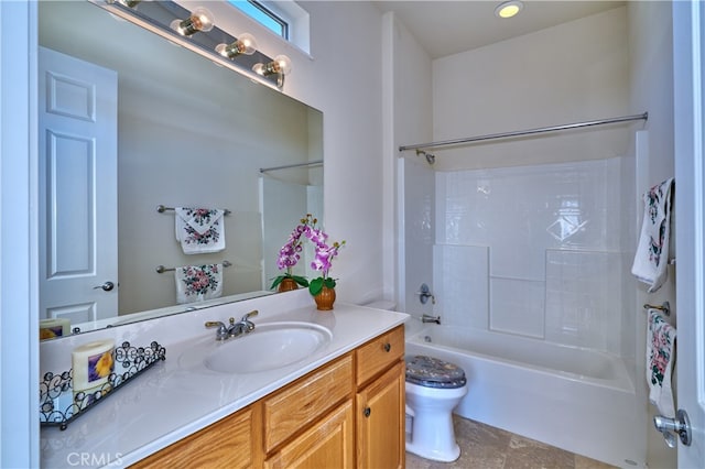 full bathroom with shower / bathtub combination, vanity, and toilet