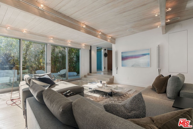 living room with wood ceiling, track lighting, and beamed ceiling