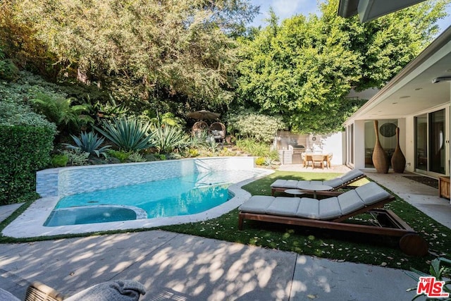 view of swimming pool with a patio