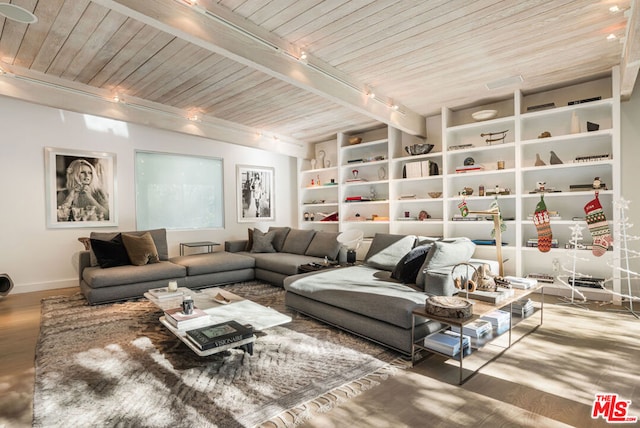 living room featuring wooden ceiling, rail lighting, beam ceiling, and wood-type flooring