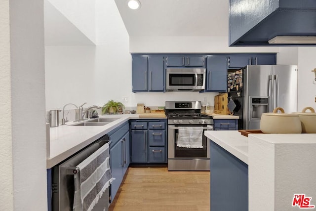 kitchen featuring light hardwood / wood-style floors, sink, appliances with stainless steel finishes, and blue cabinetry