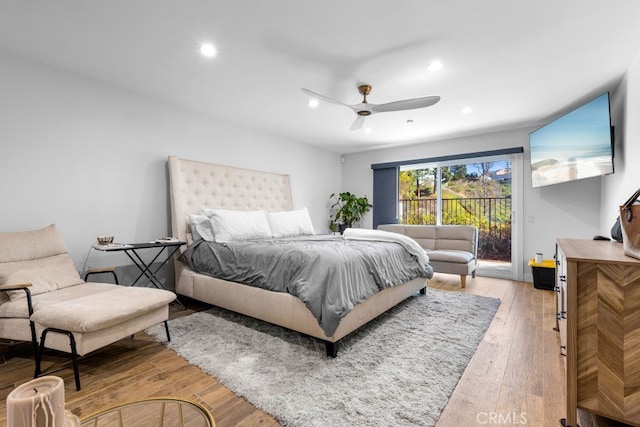 bedroom featuring access to exterior, a ceiling fan, light wood-style floors, and recessed lighting