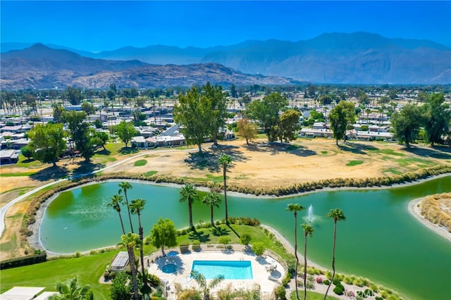 bird's eye view featuring a water and mountain view