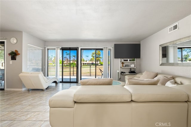 living room with a wealth of natural light and a textured ceiling