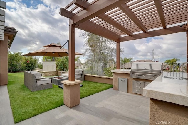 view of patio with sink, a pergola, a grill, an outdoor living space with a fireplace, and exterior kitchen