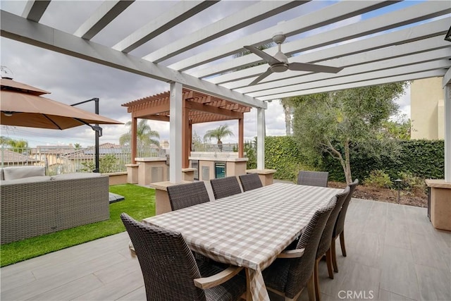 view of patio / terrace featuring ceiling fan, area for grilling, an outdoor hangout area, and a pergola