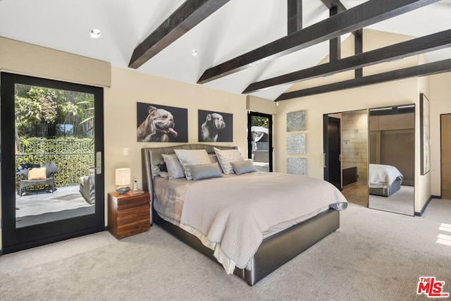 carpeted bedroom featuring lofted ceiling with beams