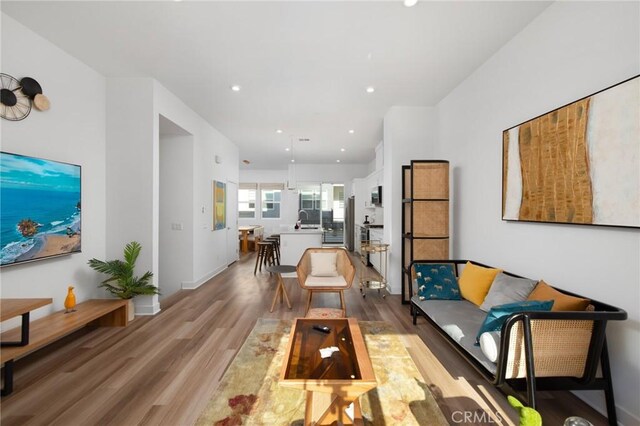 living room with sink and light hardwood / wood-style flooring