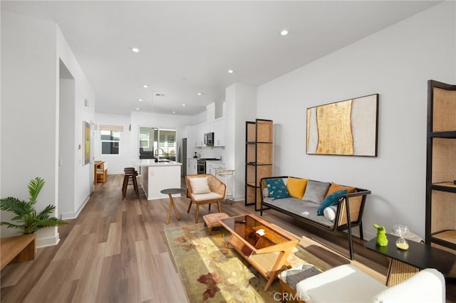 living room featuring light hardwood / wood-style floors and sink