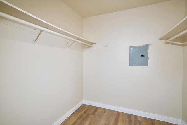 spacious closet featuring electric panel and wood finished floors