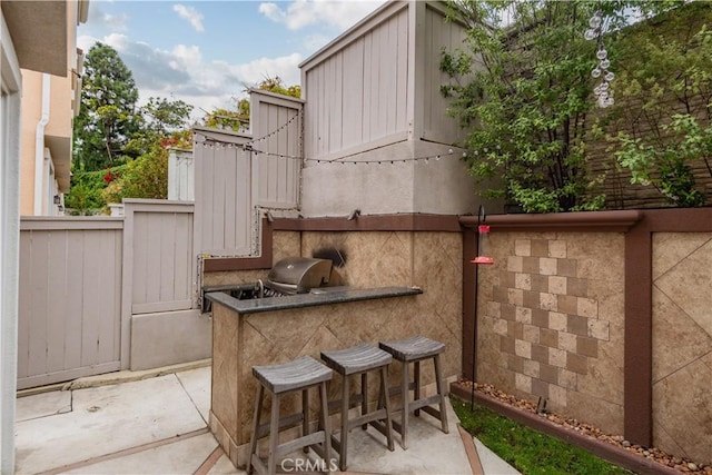 view of patio / terrace with exterior kitchen, an outdoor bar, and a grill