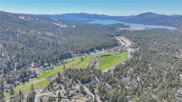 drone / aerial view with a water and mountain view