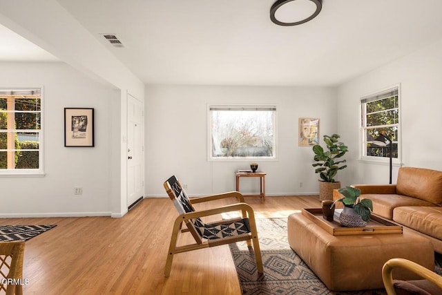 living room with a wealth of natural light and light hardwood / wood-style floors