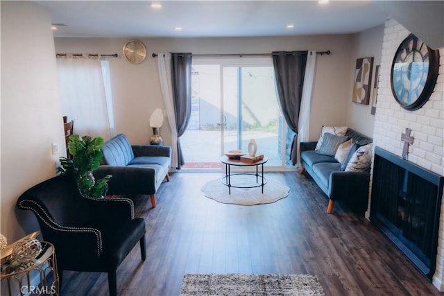 living room featuring dark wood-type flooring