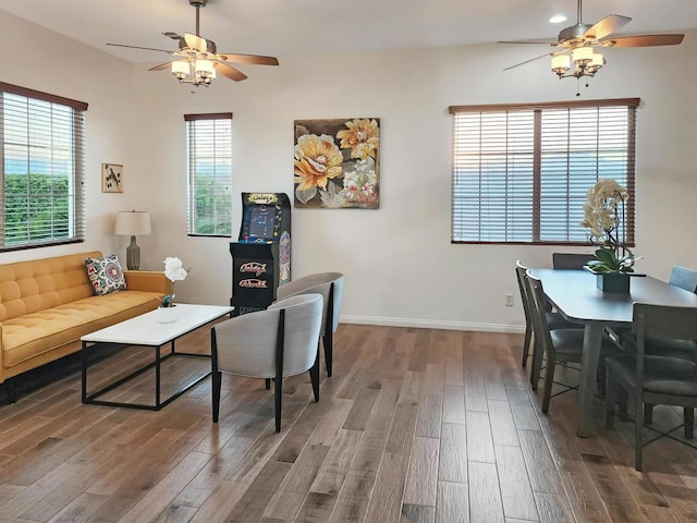 living room featuring ceiling fan and wood-type flooring