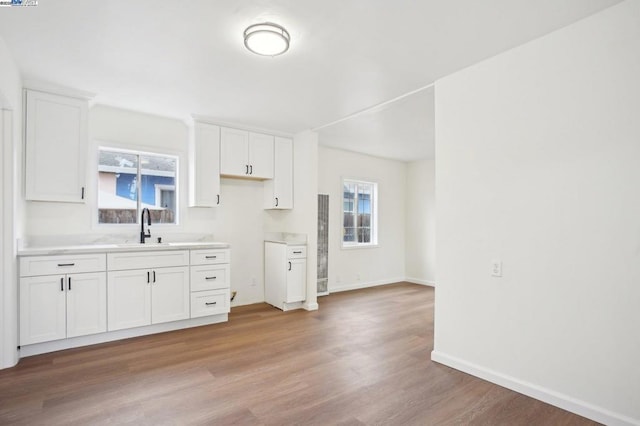 kitchen with plenty of natural light, light hardwood / wood-style floors, sink, and white cabinets