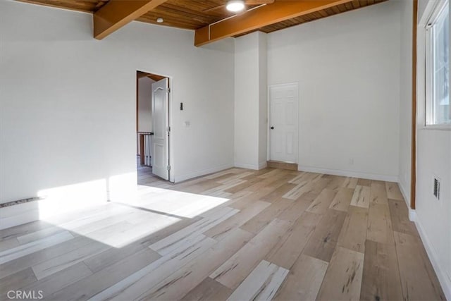 spare room with light wood-type flooring, wood ceiling, and vaulted ceiling with beams