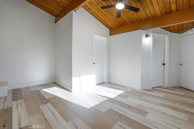 unfurnished room with light hardwood / wood-style floors, wooden ceiling, ceiling fan, and vaulted ceiling with beams