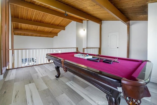 rec room with wooden ceiling, wood-type flooring, pool table, and vaulted ceiling with beams