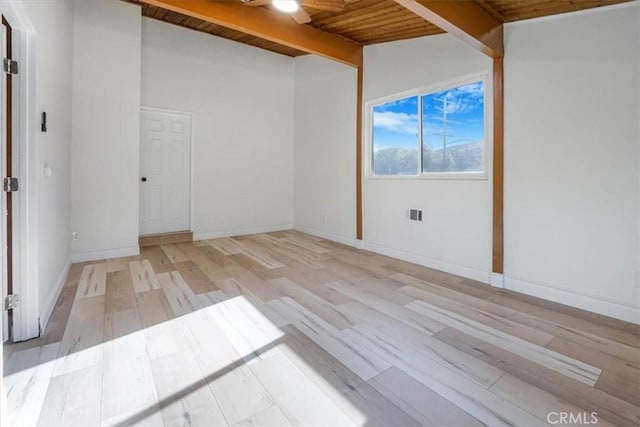 spare room with wooden ceiling, light hardwood / wood-style floors, and beamed ceiling