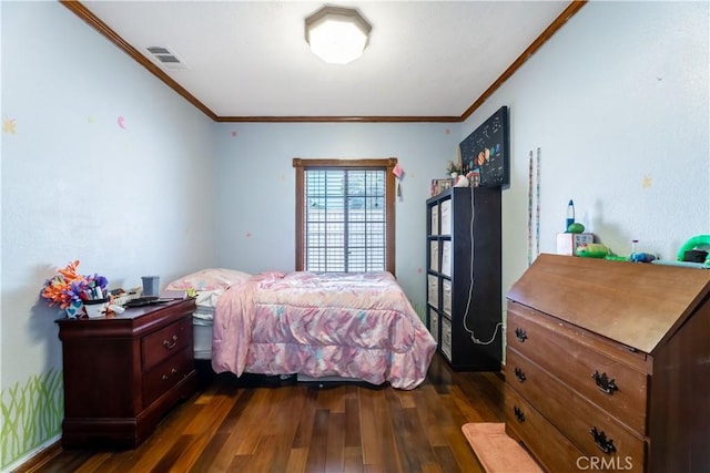 bedroom with dark wood-type flooring and crown molding