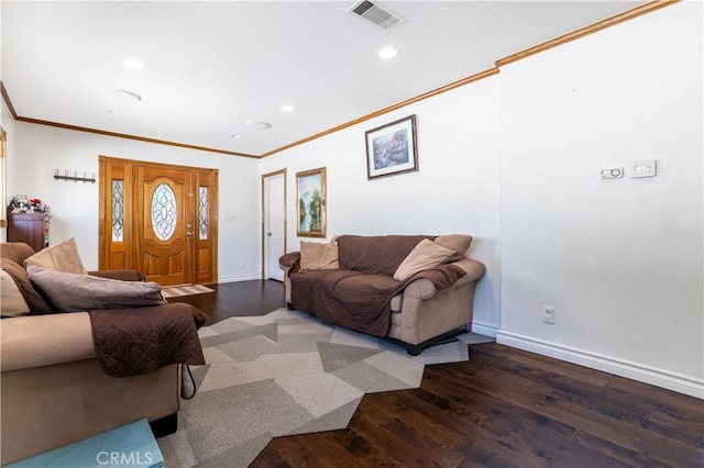 living room with dark wood-type flooring and ornamental molding