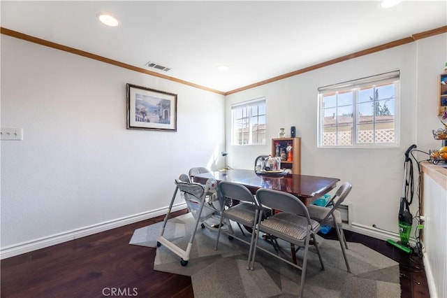 office area featuring wood-type flooring and ornamental molding