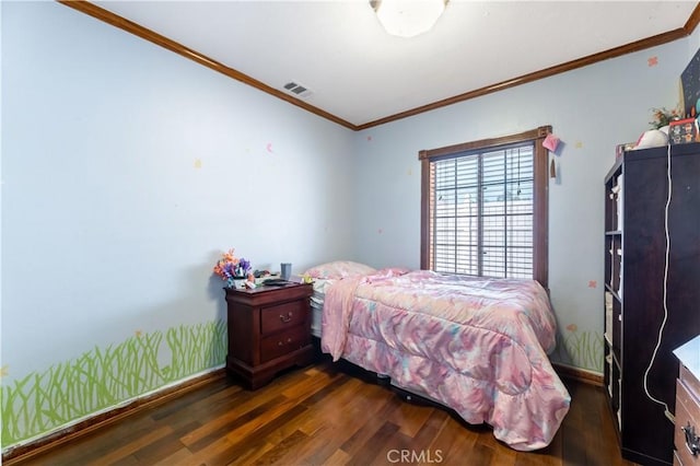 bedroom featuring dark wood-type flooring and crown molding