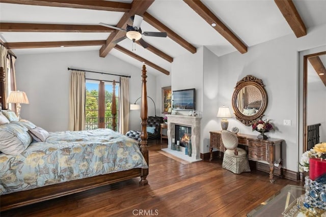 bedroom featuring dark hardwood / wood-style floors, ceiling fan, vaulted ceiling with beams, and access to outside