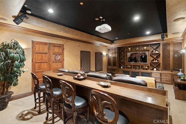 home theater room featuring a tray ceiling