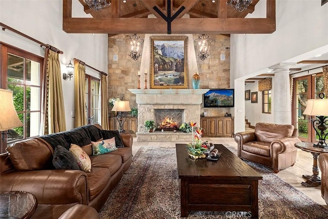 living room featuring a fireplace, beam ceiling, wooden ceiling, and high vaulted ceiling