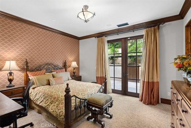 bedroom featuring light colored carpet, access to exterior, french doors, and ornamental molding