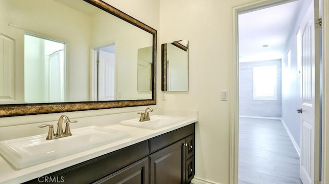 bathroom featuring wood-type flooring and vanity