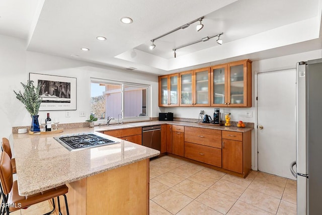 kitchen featuring kitchen peninsula, a breakfast bar area, stainless steel appliances, a tray ceiling, and sink