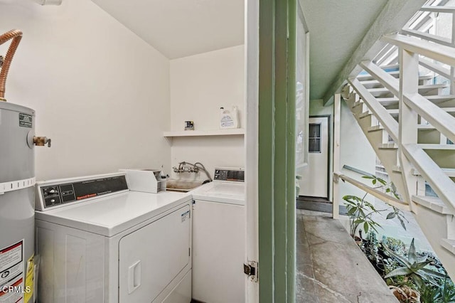 laundry area with separate washer and dryer and strapped water heater