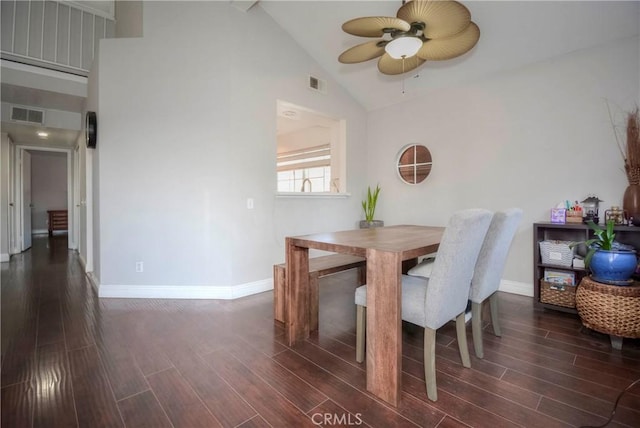 dining room featuring high vaulted ceiling and ceiling fan